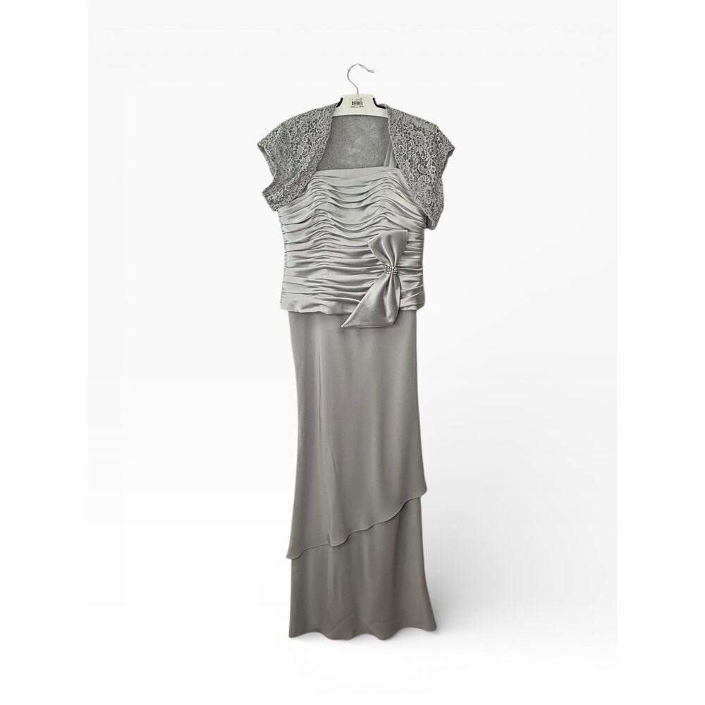 Montage by Mon Cheri Wedding Formal Silver Long Dress Beaded Bolero‎ Sz 10/12